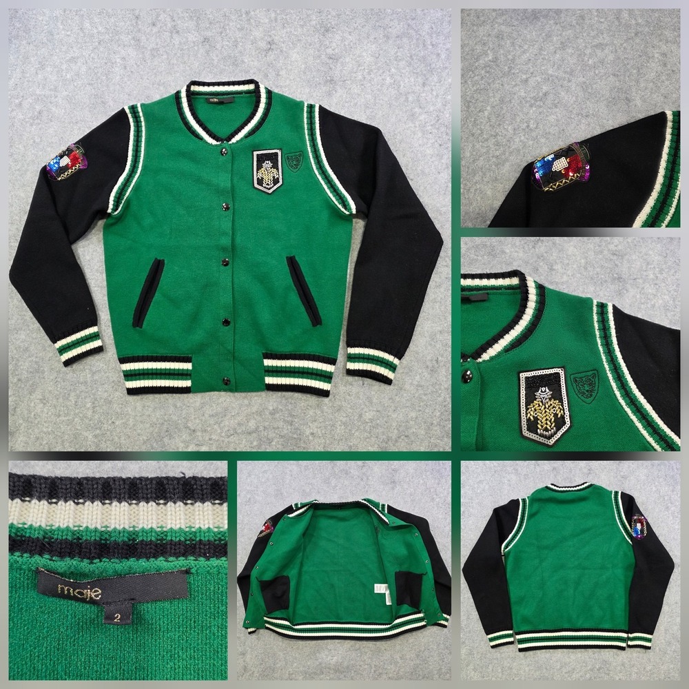 Maje Sweater Womens 2 Green‎ Varsity Cardigan Knit Sequin Patches Jacket Preppy